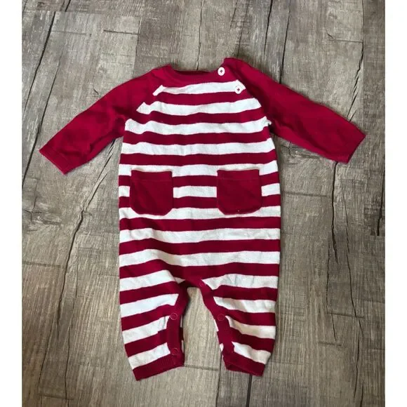 Cat & Jack Red White Stripe Knit Romper 0-3 Months Long Sleeve Snaps - Picture 1 of 3